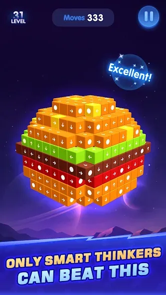 Esfera composta por pequenos cubos coloridos com setas direcionais em cada face