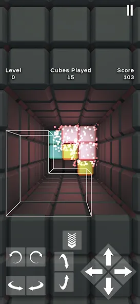 Túnel 3D com faces de cubo coloridas e controlos direcionais de rotação
